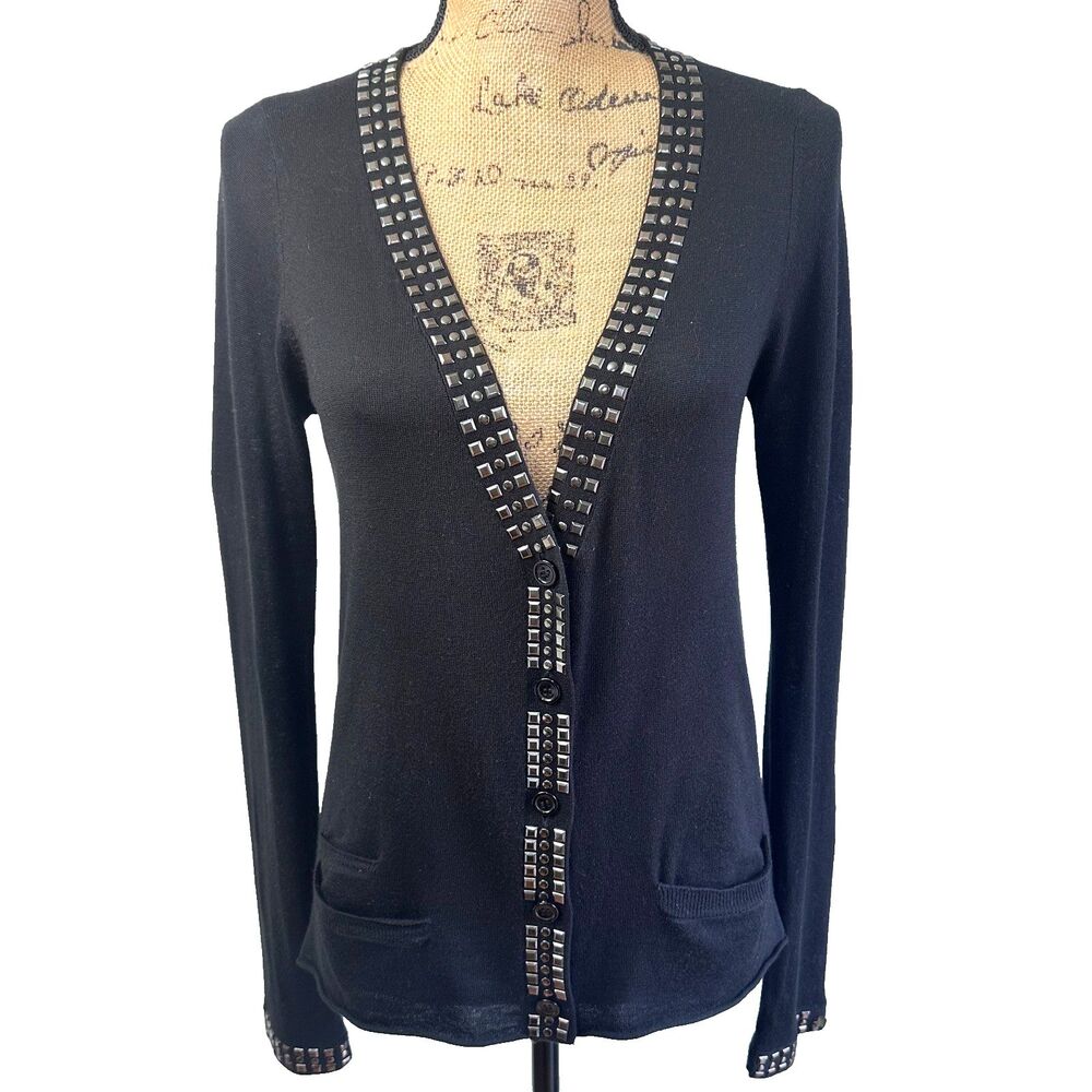 360 Cashmere Black Silk Cashmere Studded Cardigan Sweater M Button Front
